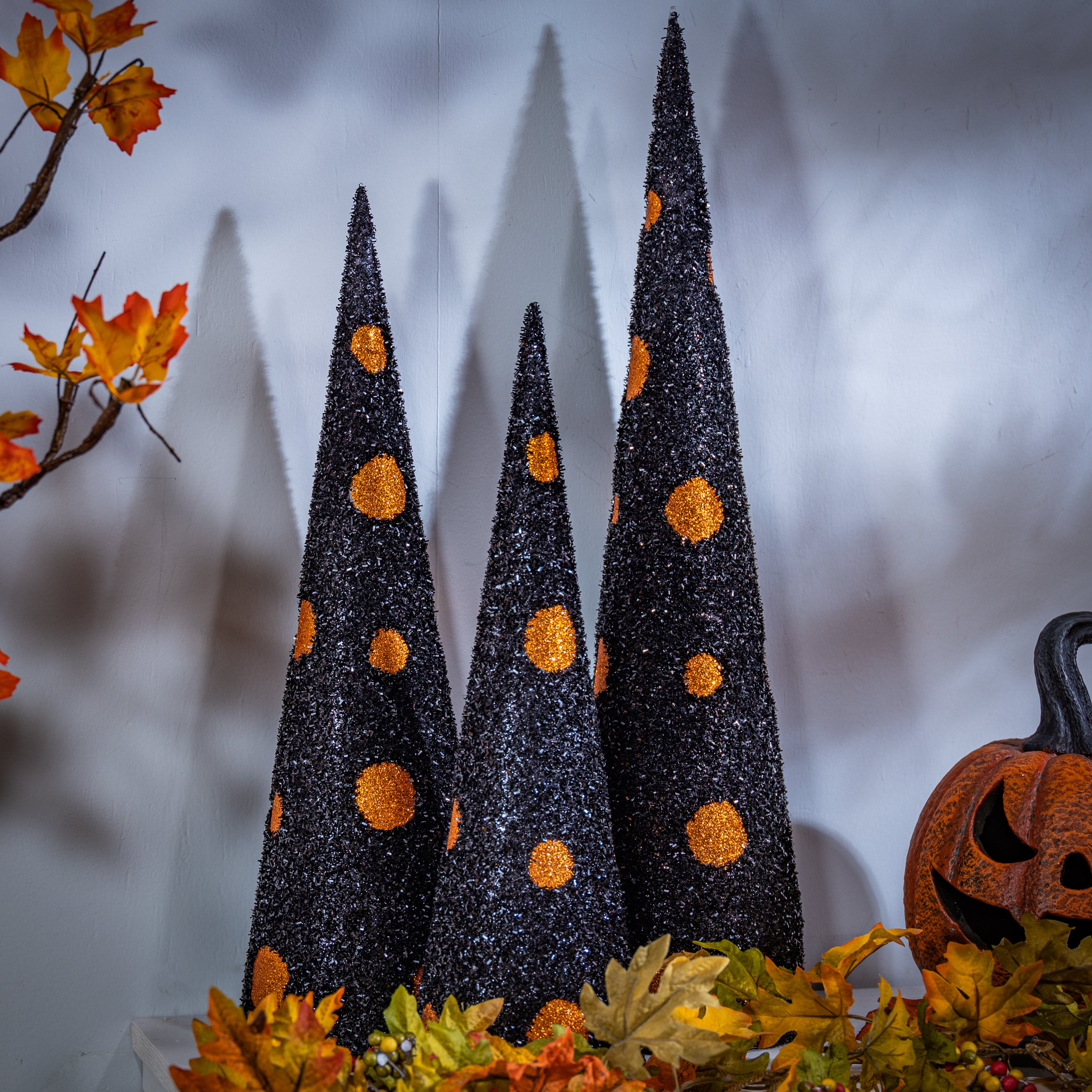 Set of 3 Assorted Black and Orange glitter Halloween cone trees